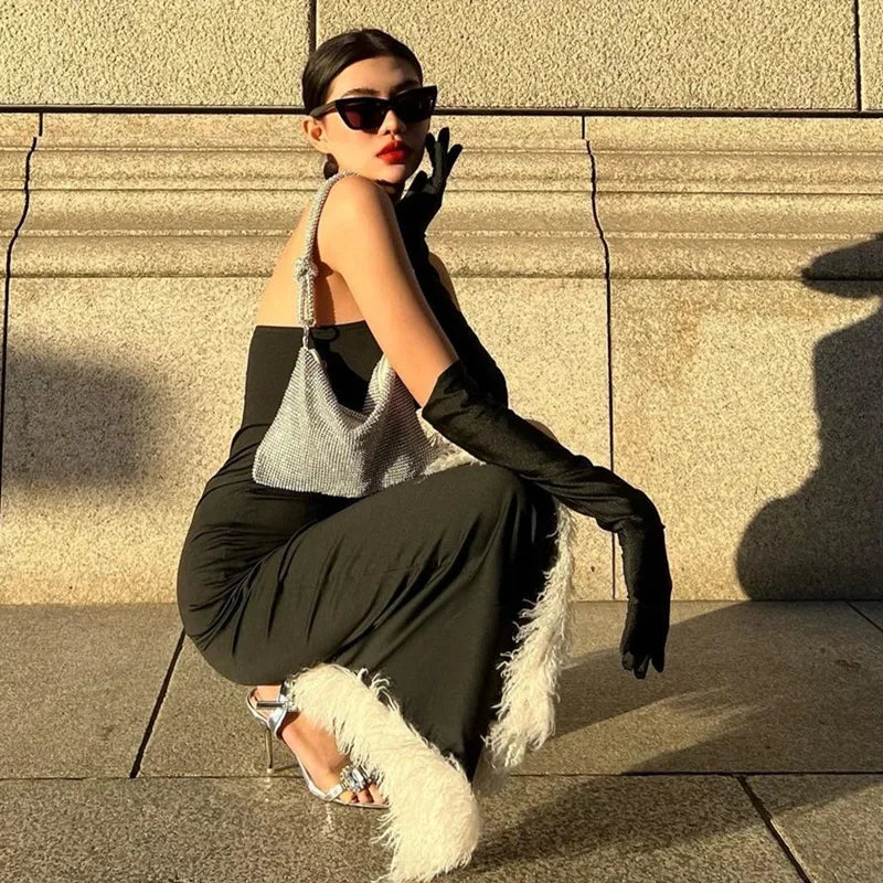 Black Strapless Split Dress with Gloves, Sexy Winter Party Outfit - Image 5