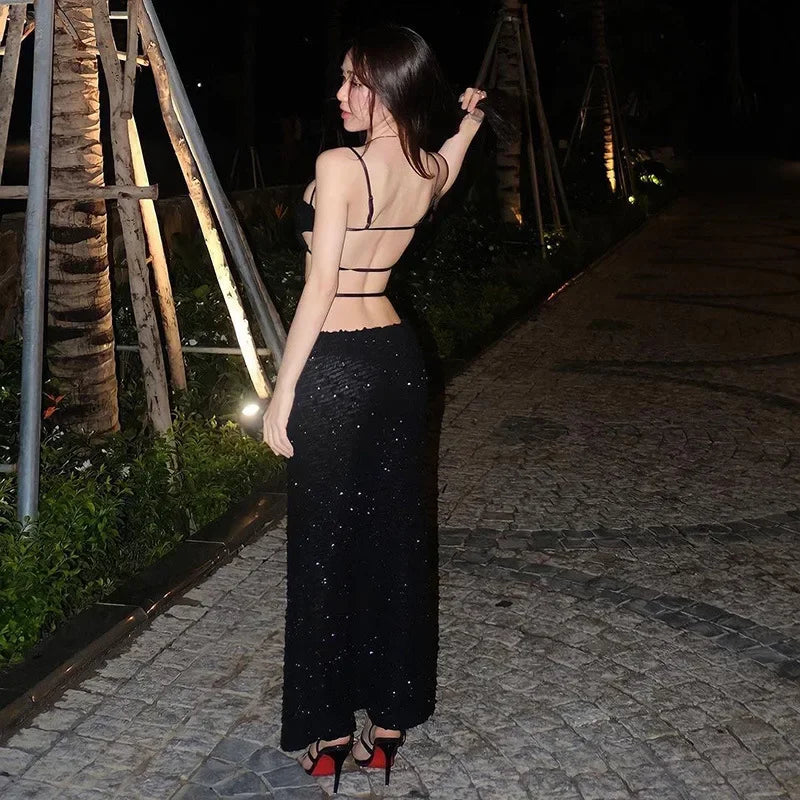 Glitter Black Backless Long Dress for Women, Sexy Party Outfit - Image 5