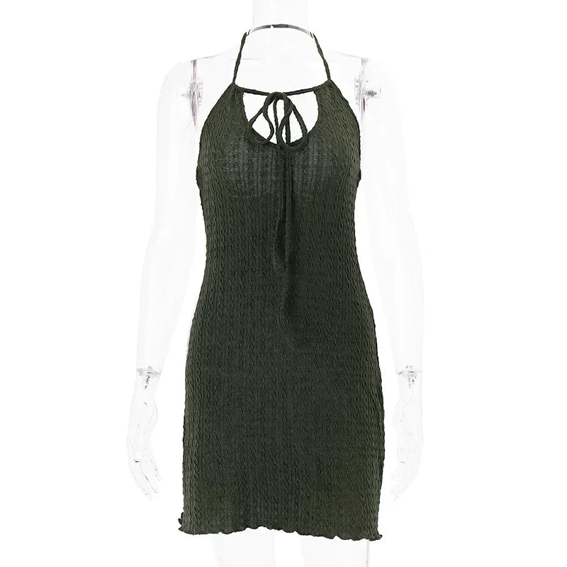 Green Knitted Backless Halter Bodycon Mini Dress for Women - Image 7