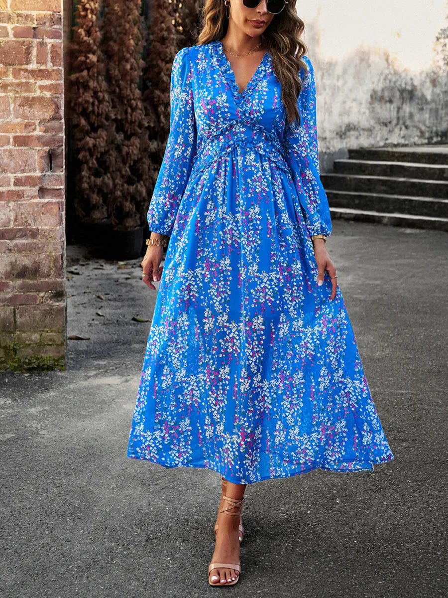 Floral Long Sleeve Deep V Neck A-Line Party Dress - Image 4