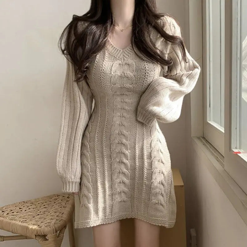 Vintage Solid Knit Sweater Dress for Women - Autumn/Winter - Image 6