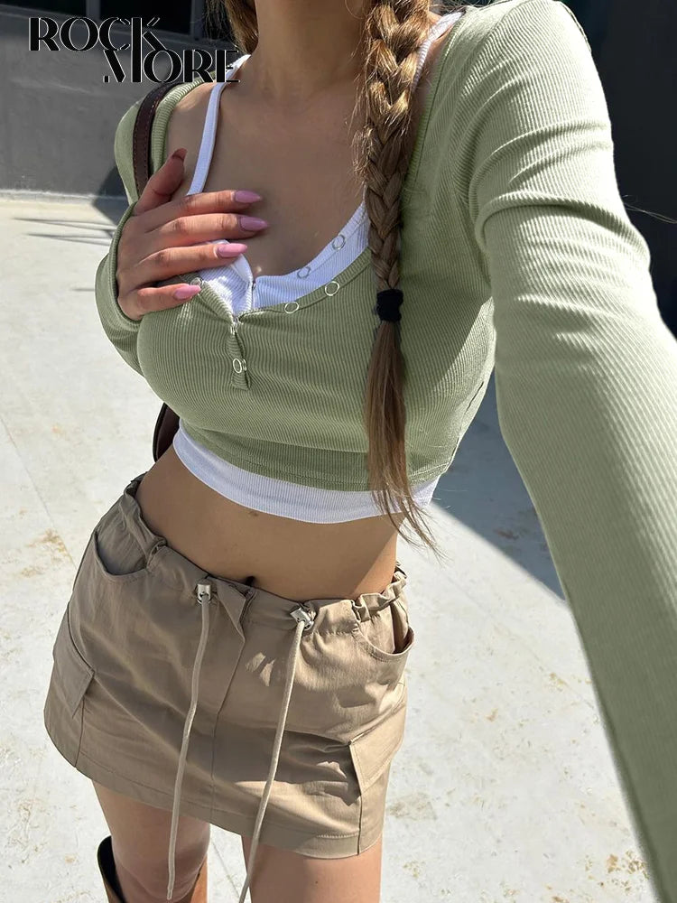 Korean Contrast Patchwork Long Sleeve Crop Top for Women