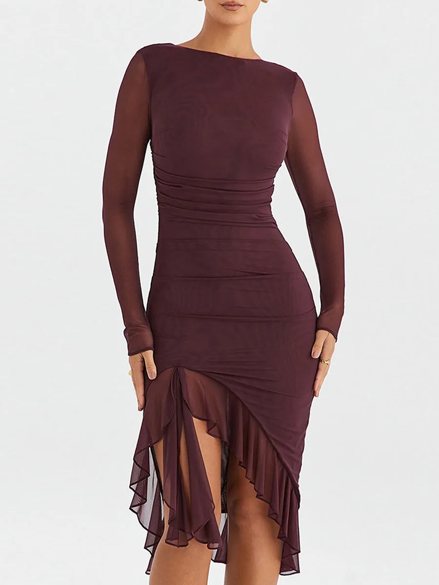 Sheer long sleeve ruffle backless midi dress for women