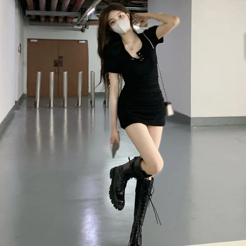 Trendy Solid Color Korean Style Short-Sleeve Casual Dress - Image 8