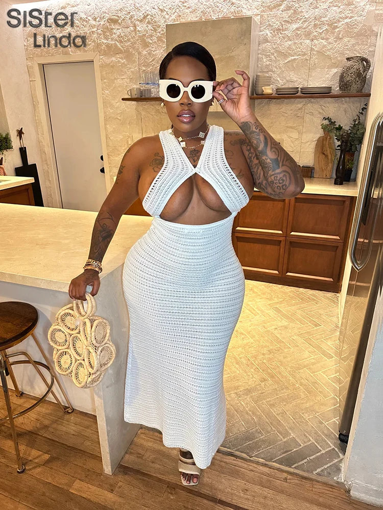 Crochet Hollow Maxi Dress Sleeveless, Backless, V-Neck Party Dress
