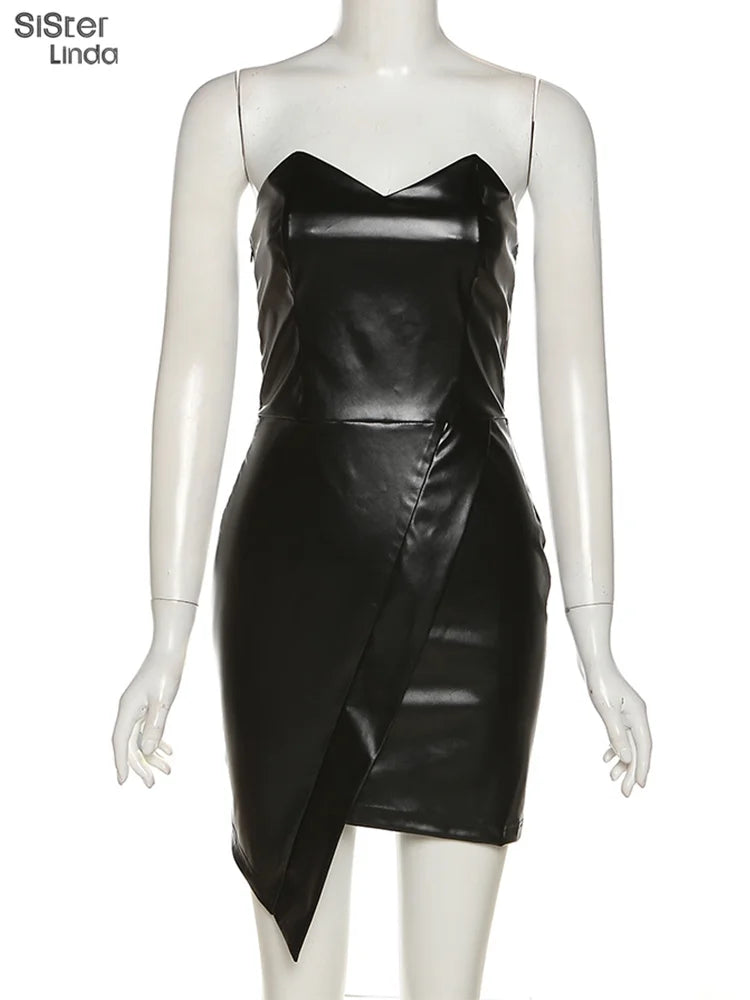 Trendy Strapless Bodycon Mini Dress Women Sleeveless Backless Leather - Image 7