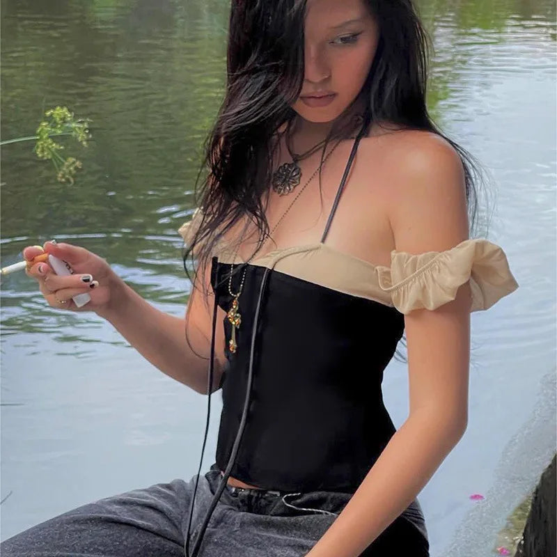 Contrasting Color Puff Sleeve Crop Top for Women - Image 3
