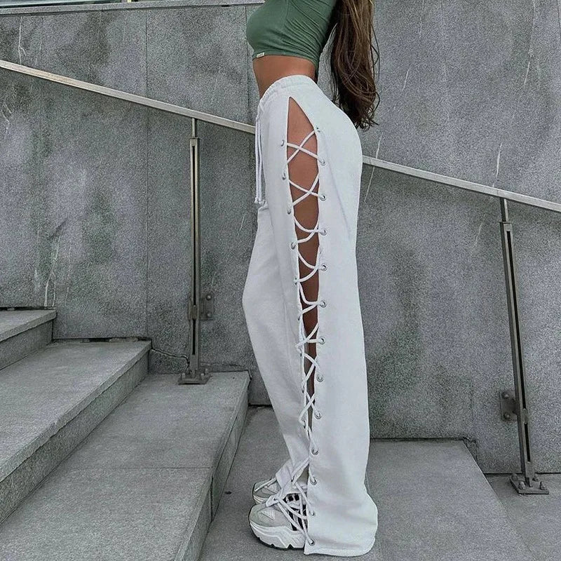 Stylish Summer Slim-Fit Pants with Side Slit Straps and Wide-Leg Design - Image 2