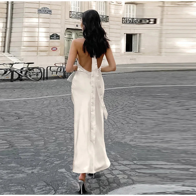 Stylish White Satin Halter Midi Dress with Elegant Slit - Image 4