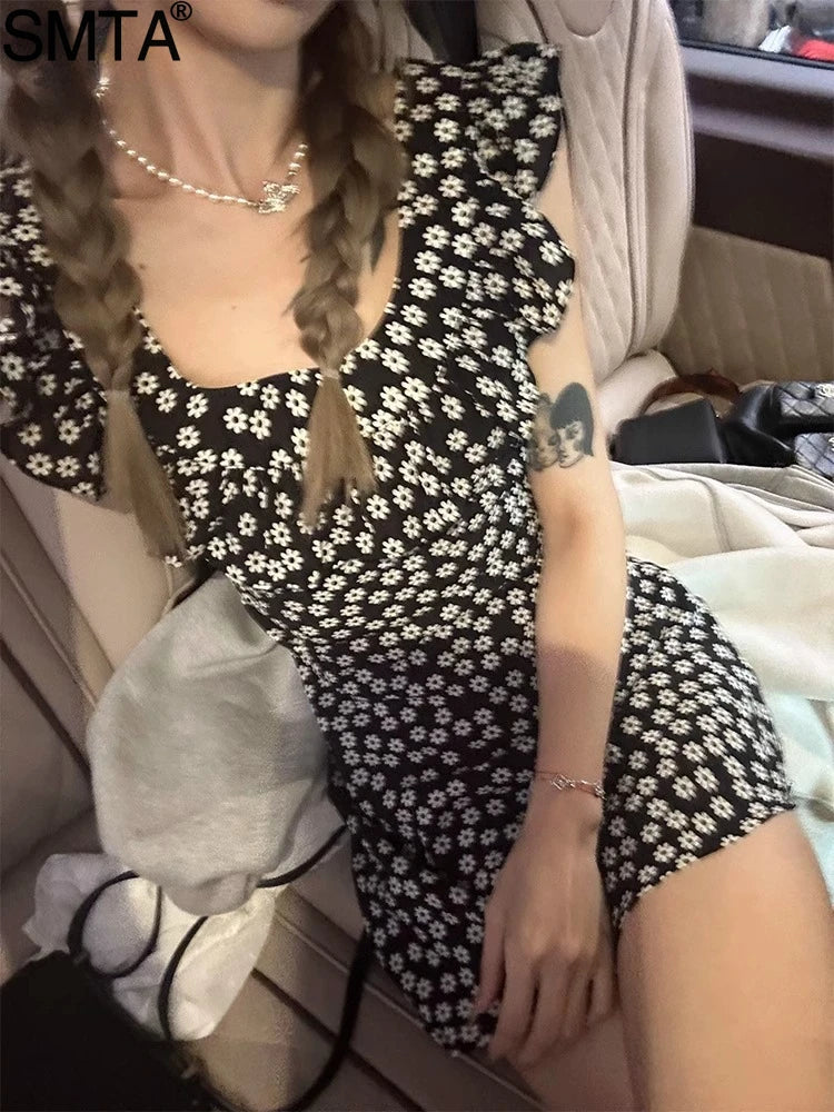 Vintage Butterfly Sleeve Floral Print Bodycon Dress Korean Style - Image 8