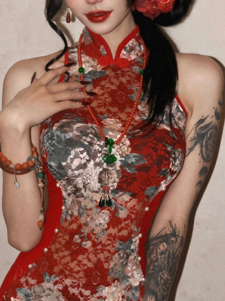 Chinese Style Floral Slim Dress - Elegant Sleeveless Corset Dress