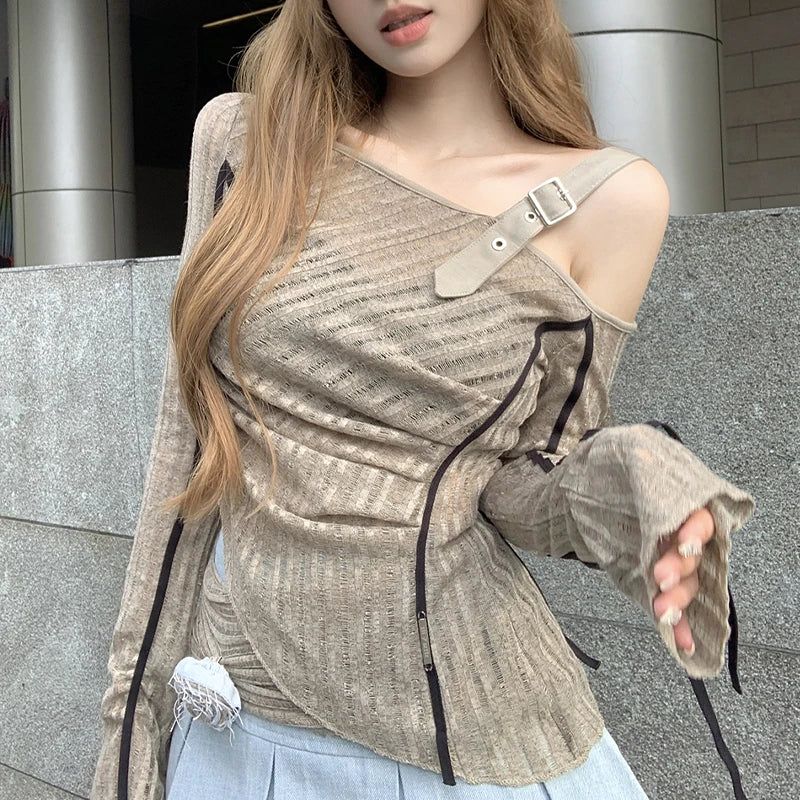 One Shoulder Irregular Hem Grunge Crop Top Slim Fit Tee
