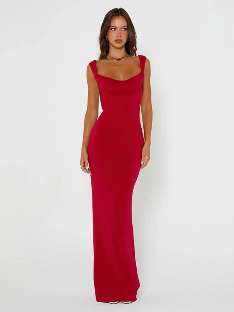 Red Sleeveless Evening Gown Backless Bow Strap Elegant Party Dress - Image 5