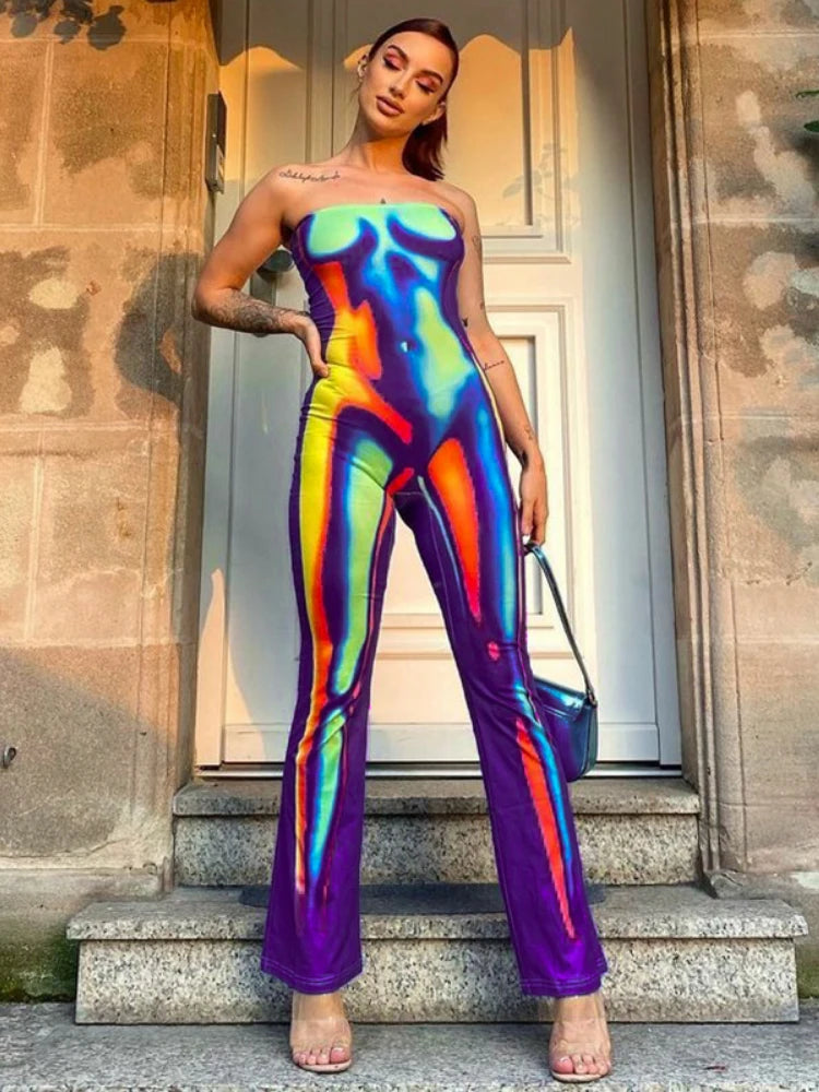 3D Printed Sleeveless Strapless Multi-color Jumpsuit for Women