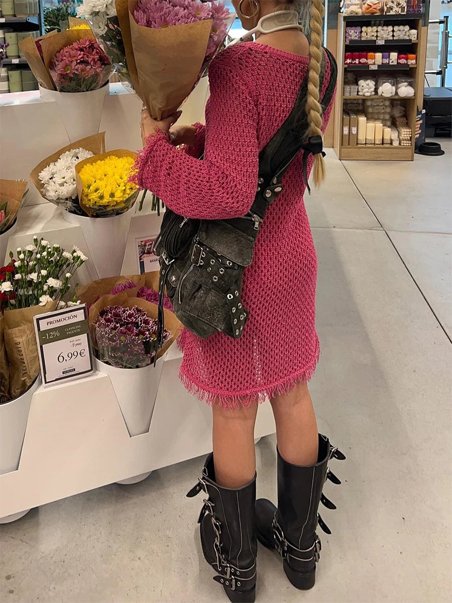 Womens Knitted Tassel Hem Long Sleeve Casual Party Dress - Image 4