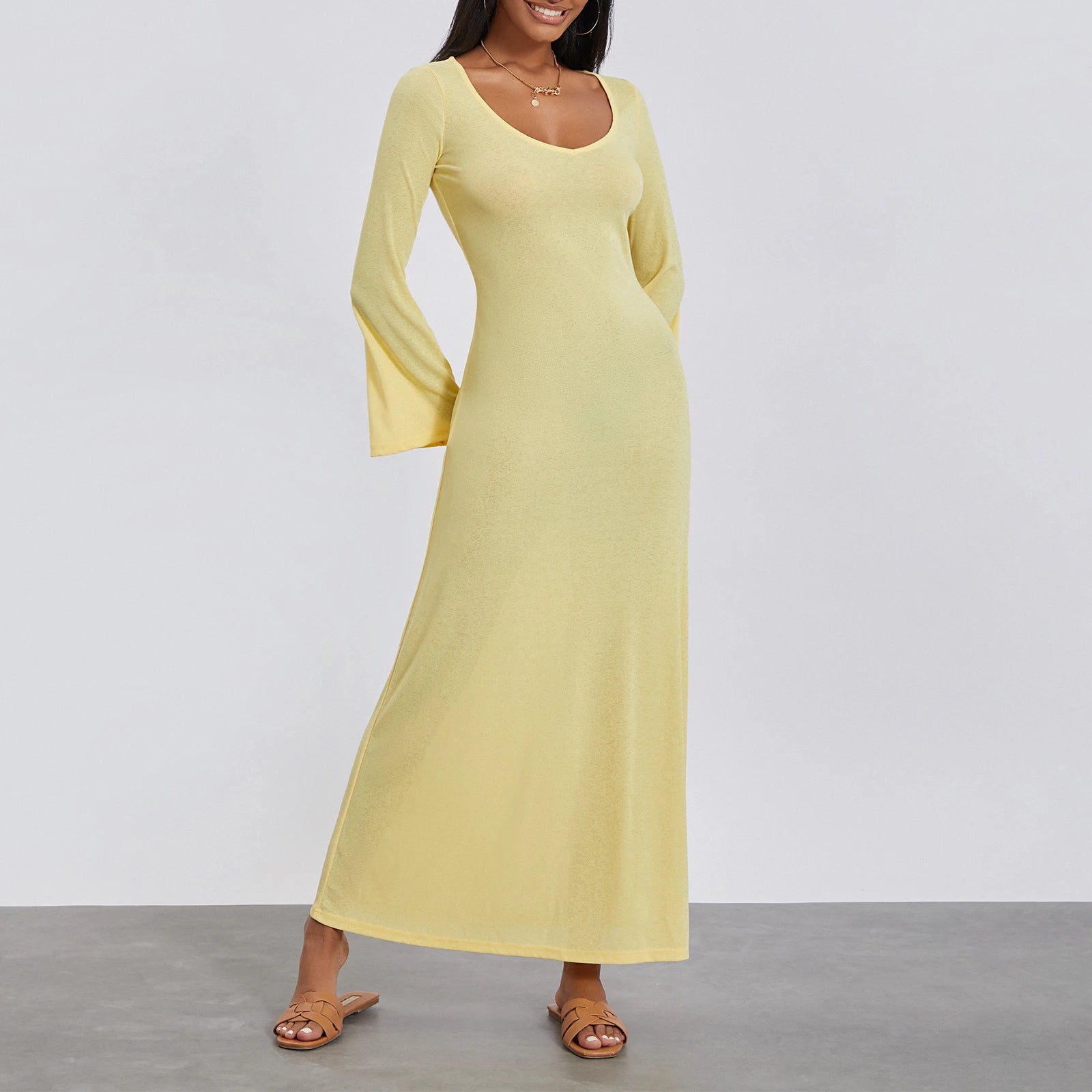 Vintage Long Sleeve V Neck Solid Color Party Dress