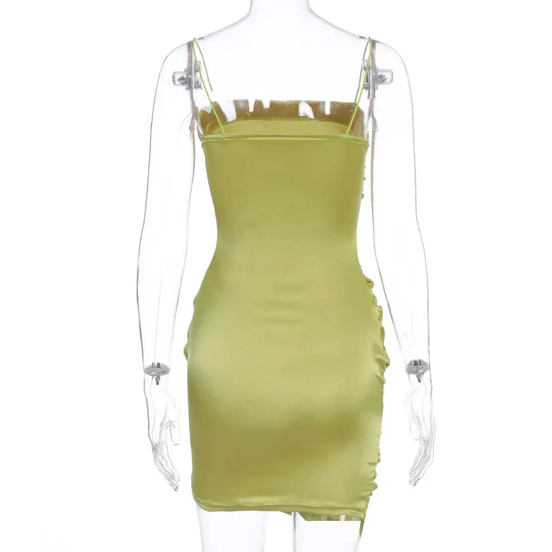 Women's Satin Summer Dress Spaghetti Strap Pleated Green Cocktail Dress - Image 7