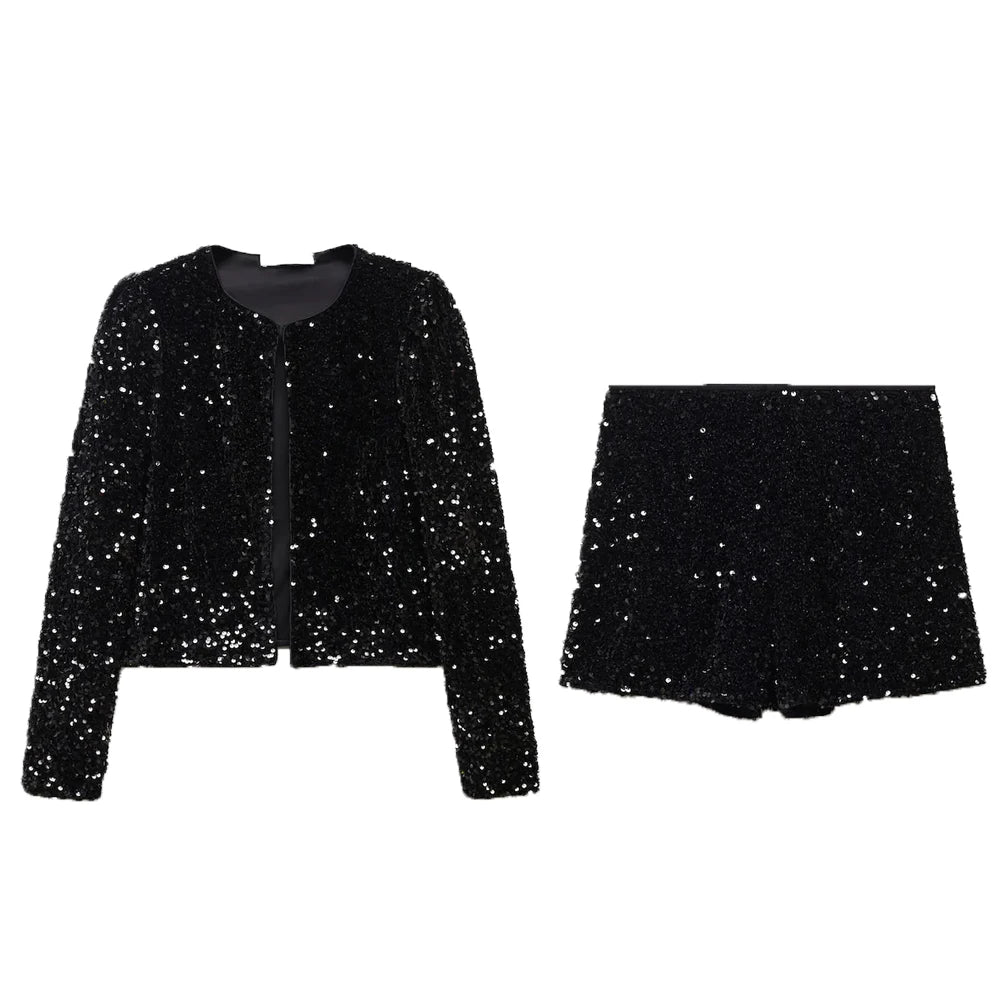 Sequin Shorts Set Glamorous Cropped Coat & Chic Partywear - Image 9