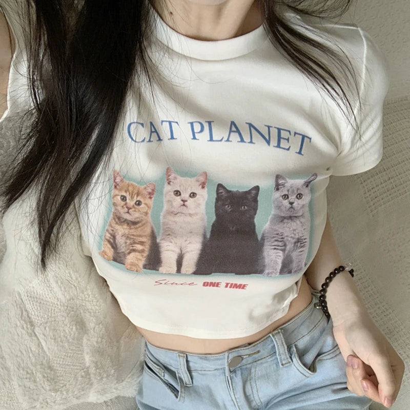 Cat Print Short Sleeve Crop Top: Summer Streetwear Essential
