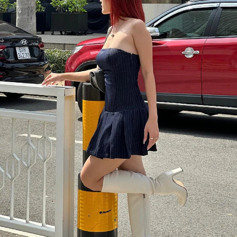 Women's Strapless Striped Mini Dress: Backless Pleated Partywear - Image 6
