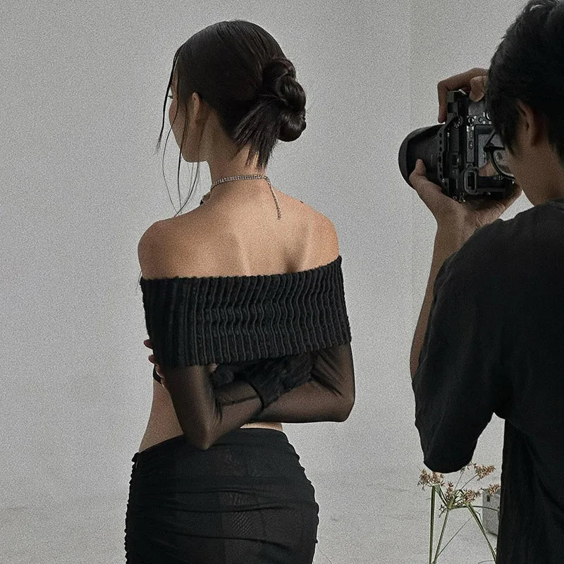 Off-Shoulder Patchwork Knit Crop Tops for Summer Streetwear - Image 4