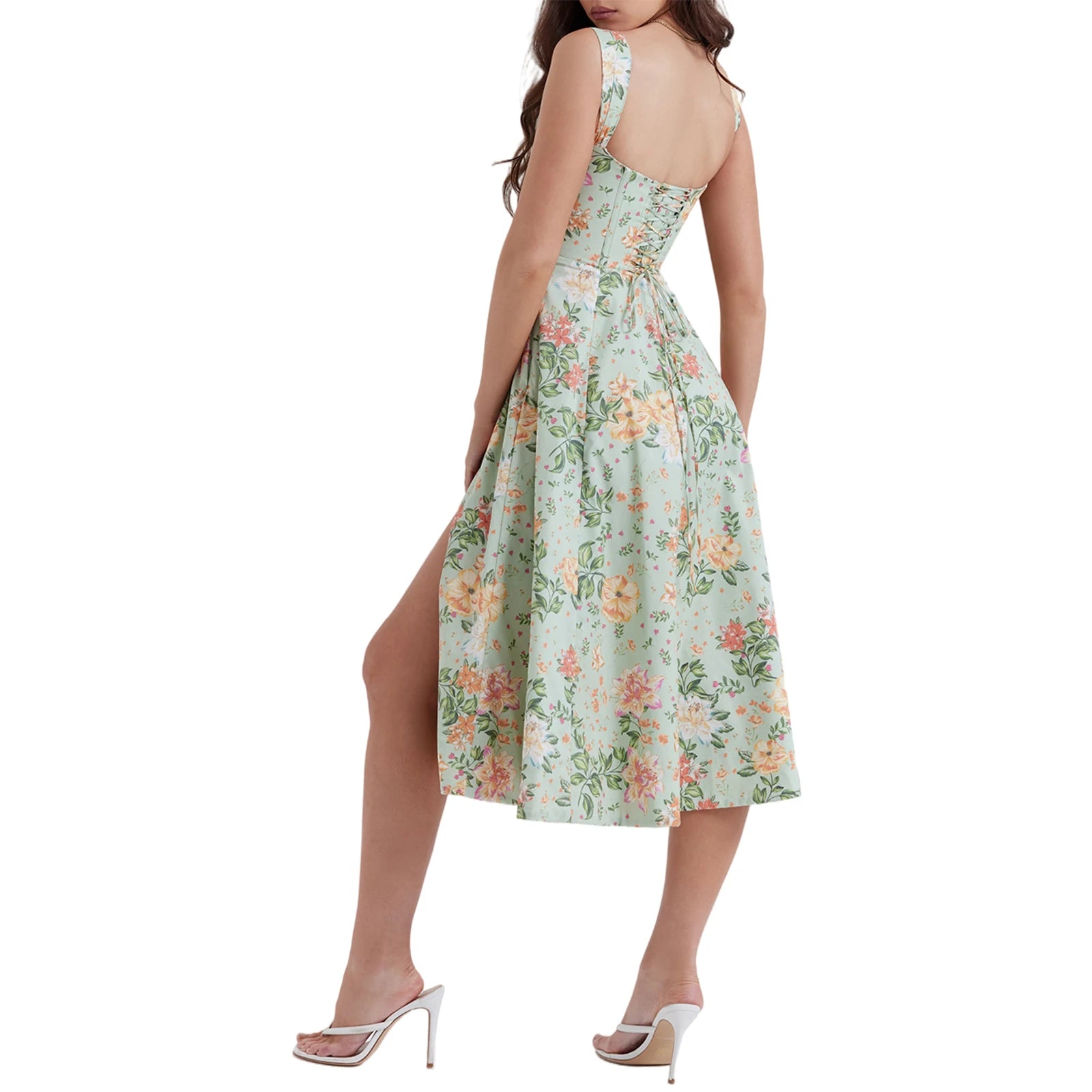 Trendy Flower Print Sleeveless Midi Party Dress with Slit - Image 7