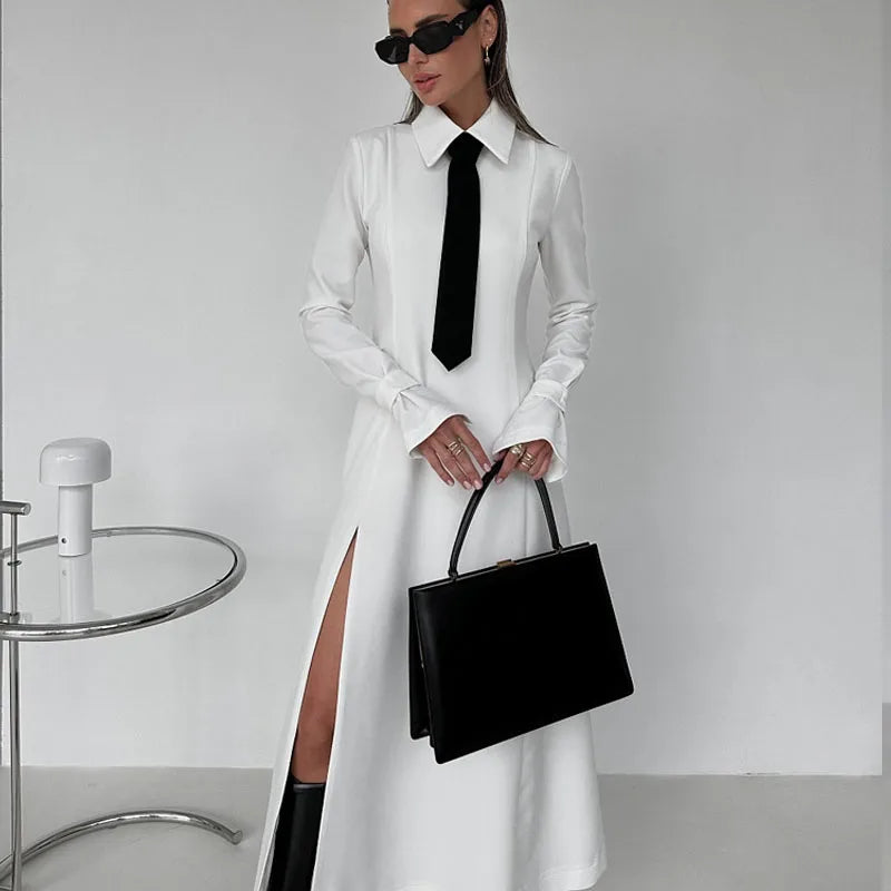 Stylish College Style Long Sleeve Dress with Tie and Slit - Image 3