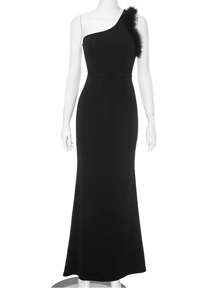 Sleek One-shoulder Furry Black Dress for Women parties - Image 7