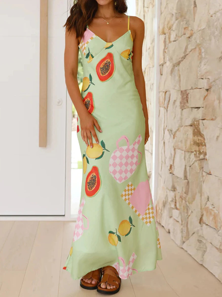 Women's Fruit Print Spaghetti Strap Bodycon Maxi Summer Dress - Image 5