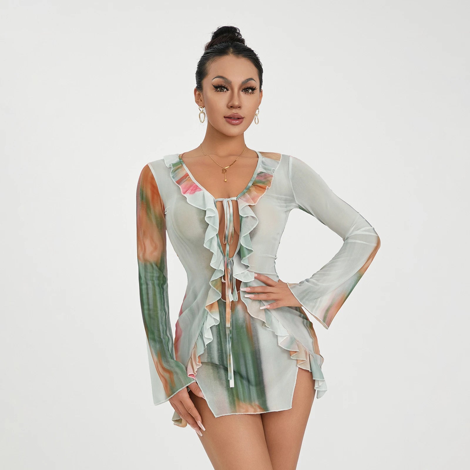 Women's Sexy Tie-dye Mini Dress with Ruffle Detail - Image 3