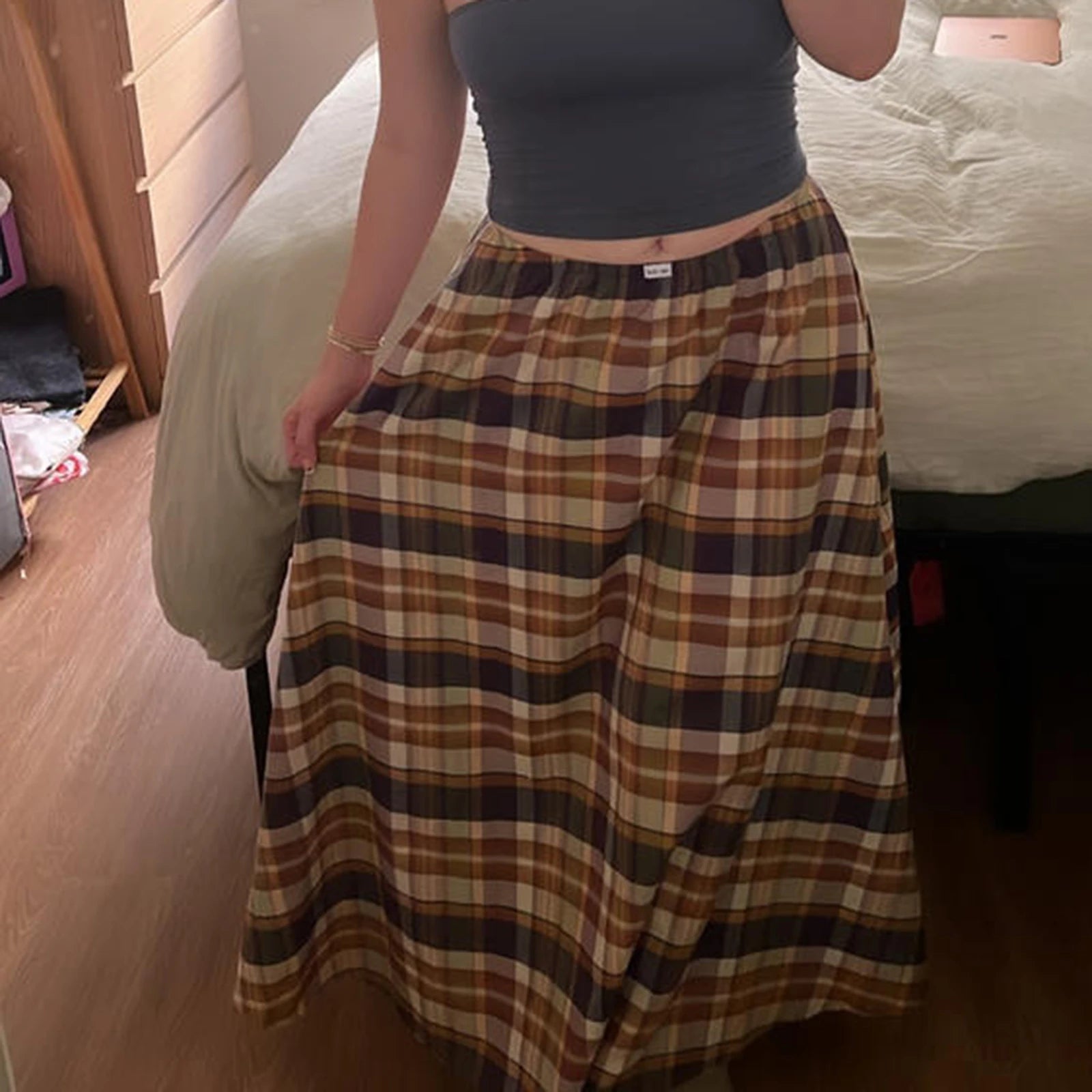 Women's Gingham Maxi Skirt: A-line Ruffle Plaid Midi, High Waist - Image 5