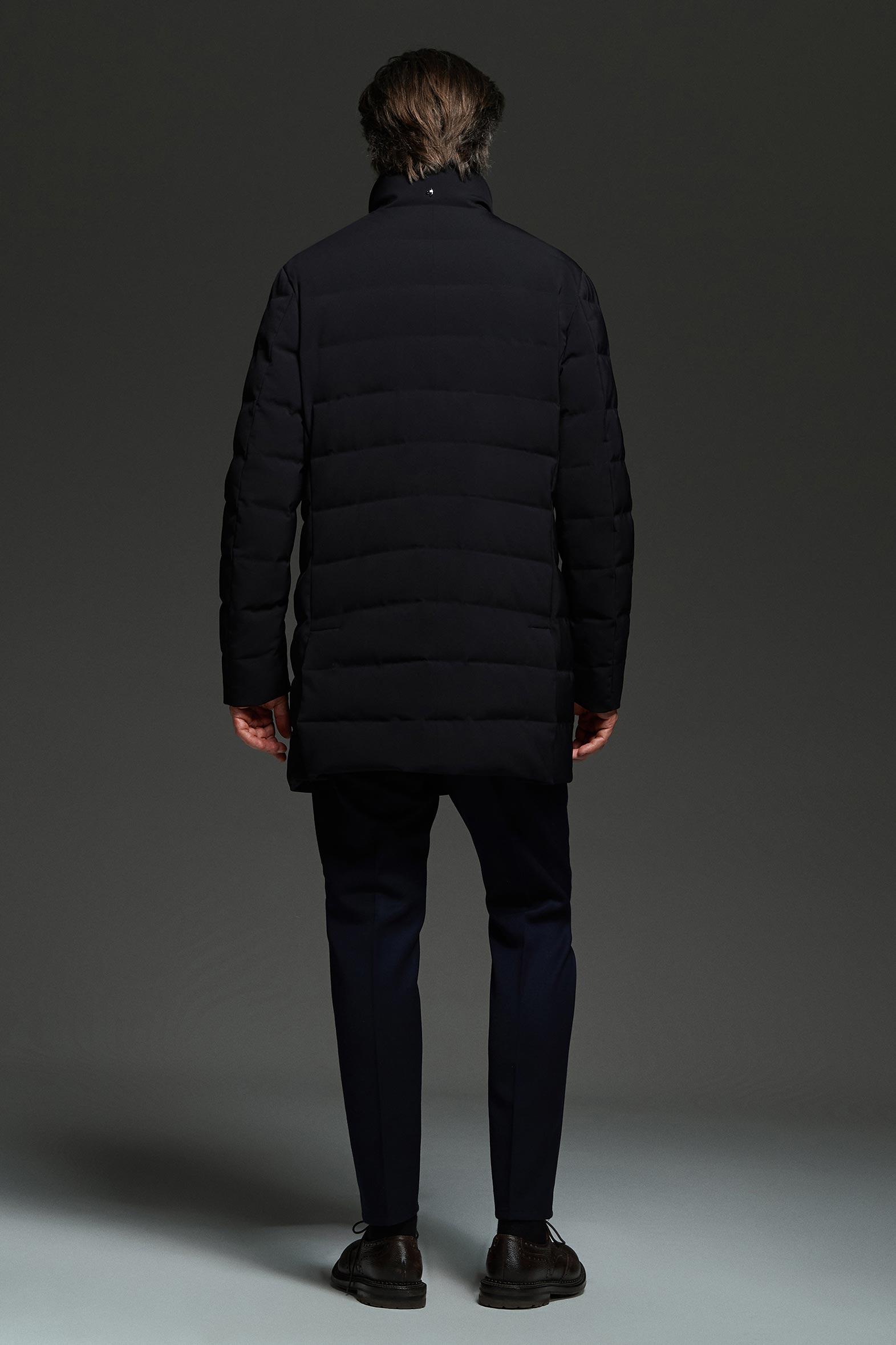 Men's navy blue winter coat made from a hi-tech two-way-stretch fabric ...