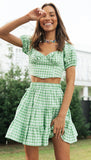 green plaid crop top and skirt sets