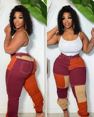 BURGUNDY MIX PATCHWORK PANTS - flyfatchick