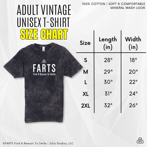 FARTS Find A Reason To Smile vintage cloudy t-shirt size chart and measurements