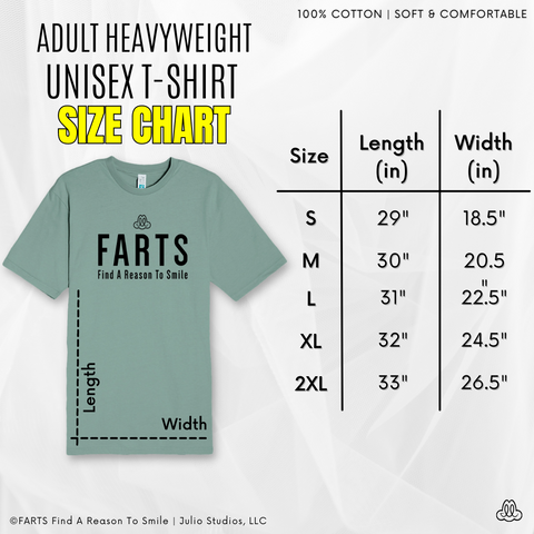 FARTS Find A Reason To Smile heavyweight t-shirt size chart with image and measurement