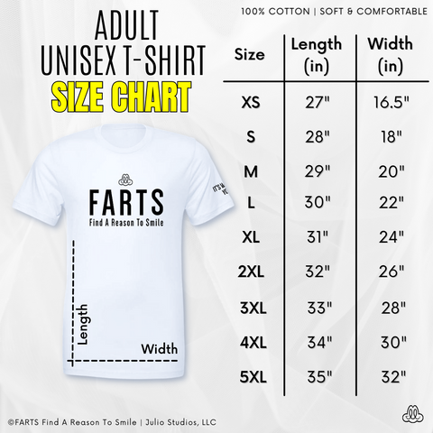 FARTS Find A Reason To Smile adult unisex BC size chart with image and measurement