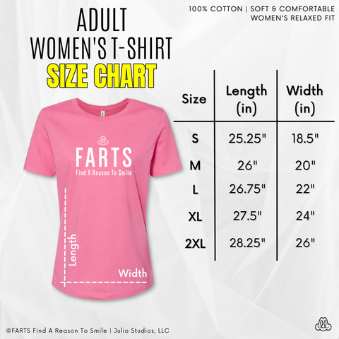 FARTS Find A Reason To Smile women's t-shirt size chart with image and measurement