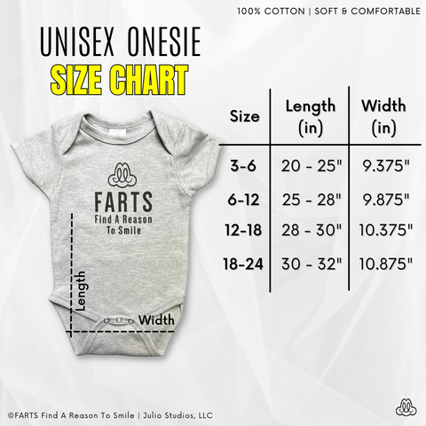 FARTS Find A Reason To Smile onesie size chart with image and measurement
