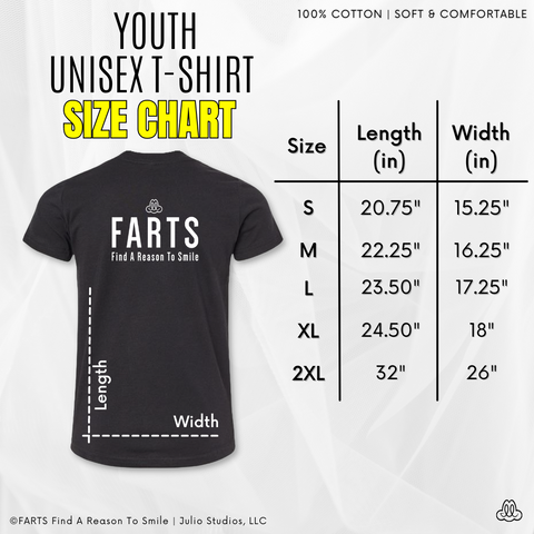 FARTS Find A Reason To Smile youth unisex t-shirt size chart with image and measurement