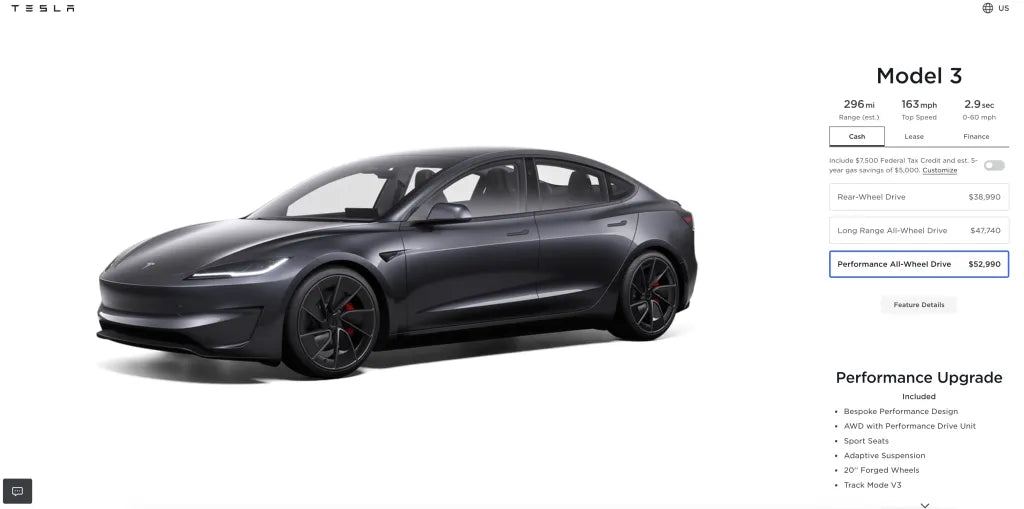 New Tesla Model 3 Performance Pricing