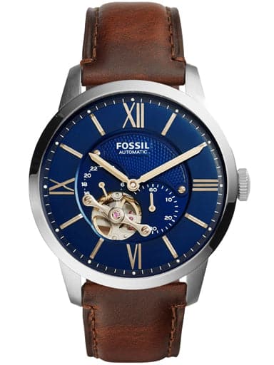 Fossil Mens Inscription Blue Dial Leather Analog Watch - Me3202