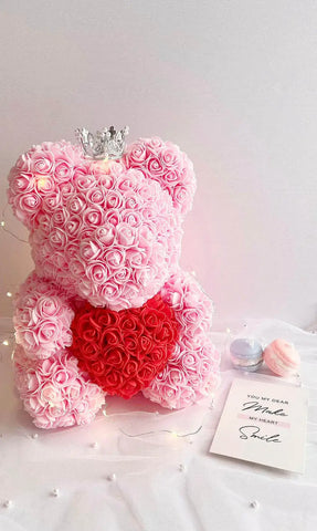 35cm Red Rose Bear with Pink Heart and Crown The Rose Ark