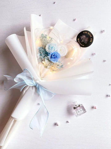 Preserved Blue and White Flower Bouquet with Heart The Rose Ark