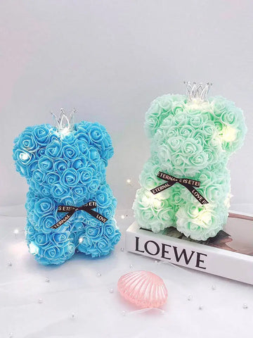 25cm Sky Blue and Mint Rose Bear with Fairy Lights