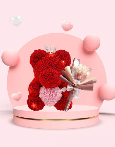 Red Rose Bear with Preserved Flower Bouquet