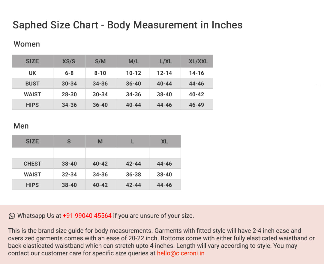 Saphed Size Chart - Ciceroni