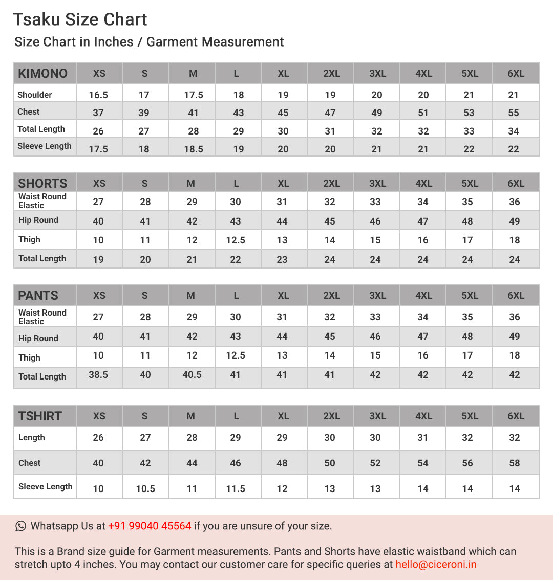 Tsaku Size Chart - Ciceroni