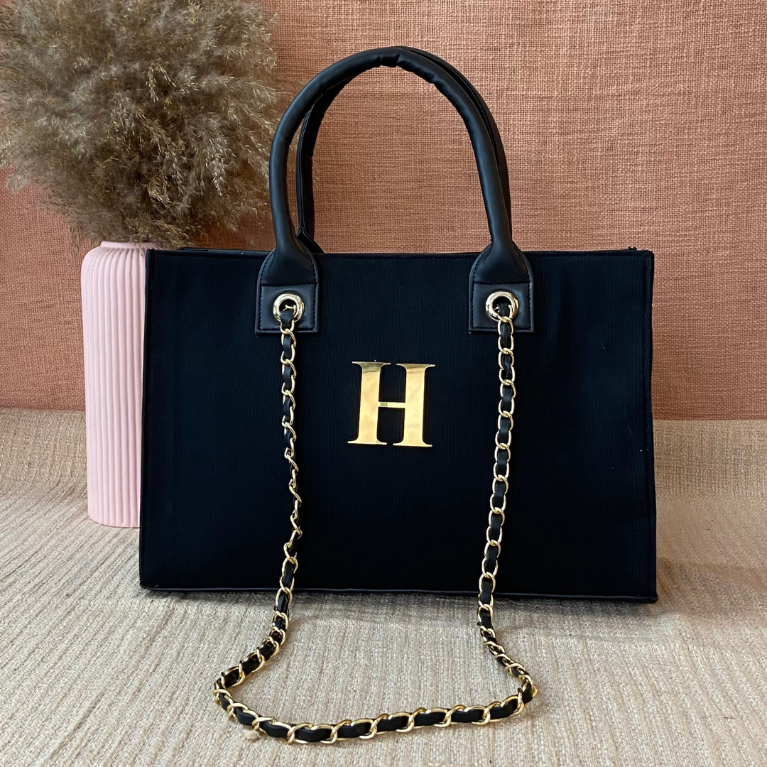 The Lily Canvas Tote in Denim with Large Black Initials