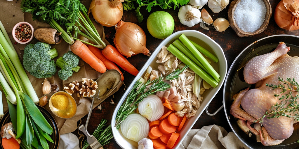 a photo of different ingredients to make chicken broth and chicken stock